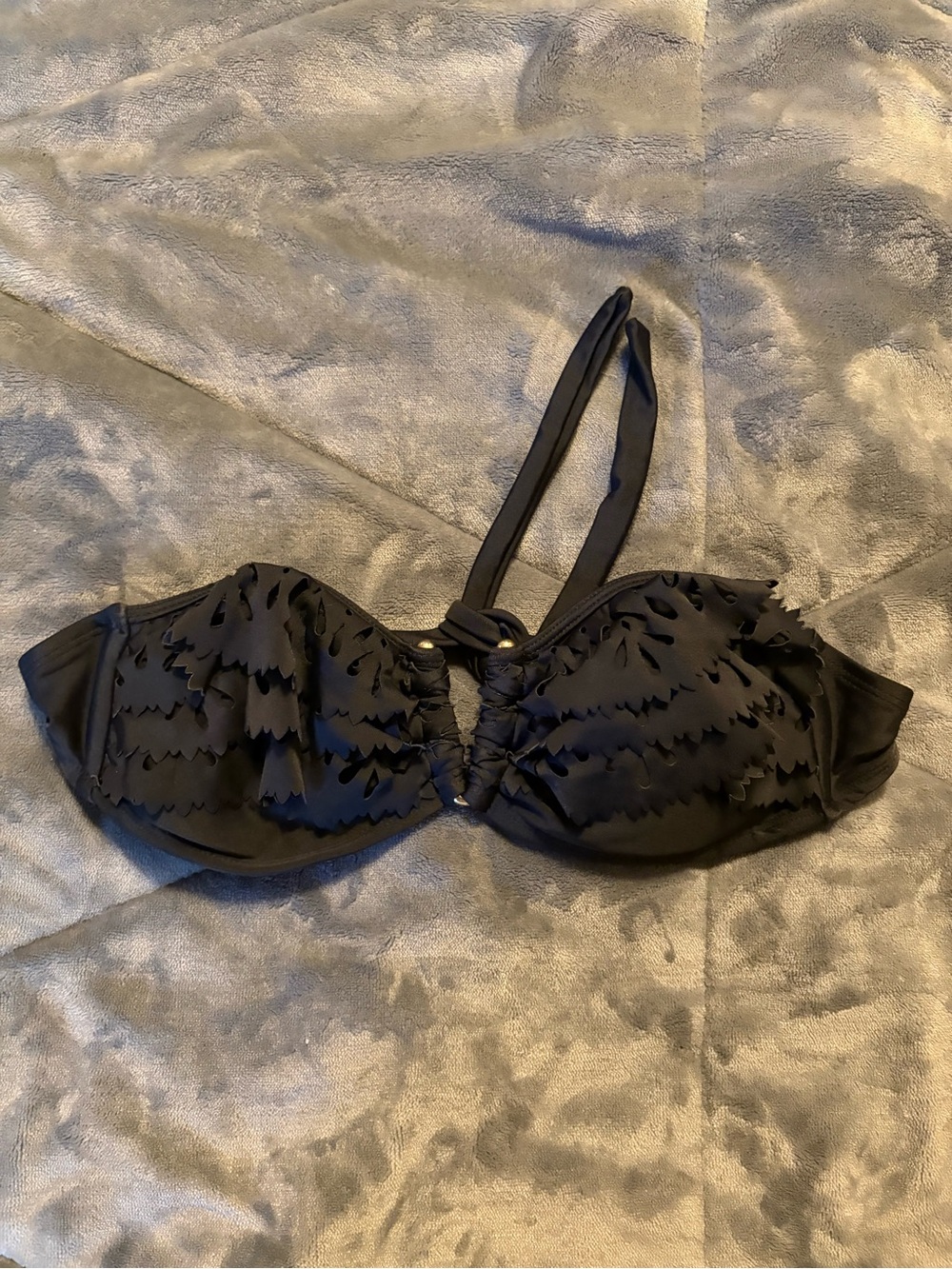 Black Ruffle Bandeau Bikini Top with Removable Padding Tie Back - Women’s Small